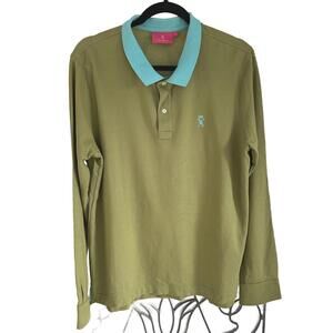 Vicomte A. Men's Long Sleeve Polo Shirt Olive Green & Aqua Blue Collar - Large
